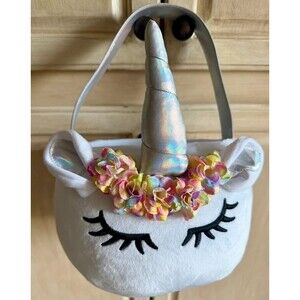 Unicorn Plush Easter Basket Candy Bucket Iridescent Horn Rainbow Flowers Kawaii